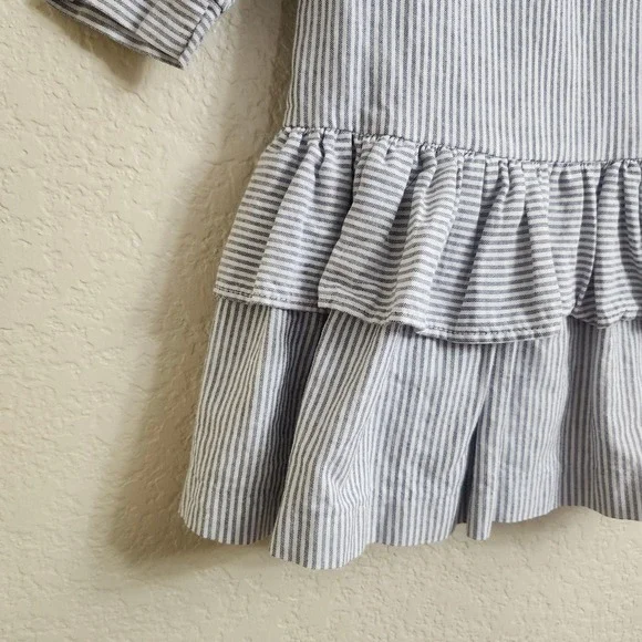 VTG Mousefeathers Size 6 Grey White Striped Lace Collar Puff Sleeve Ruffle Dress - Picture 11 of 16